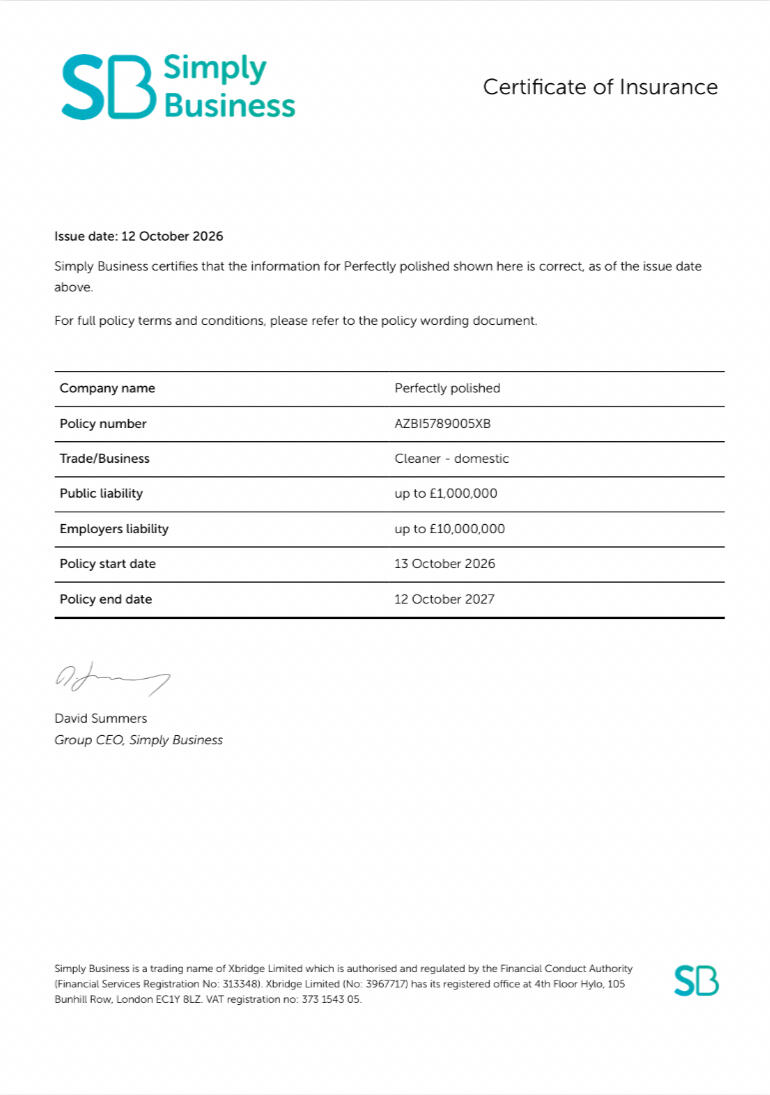 Perfectly Polished insurance certificate showing £1 million public liability cover, valid until 12 October 2027.